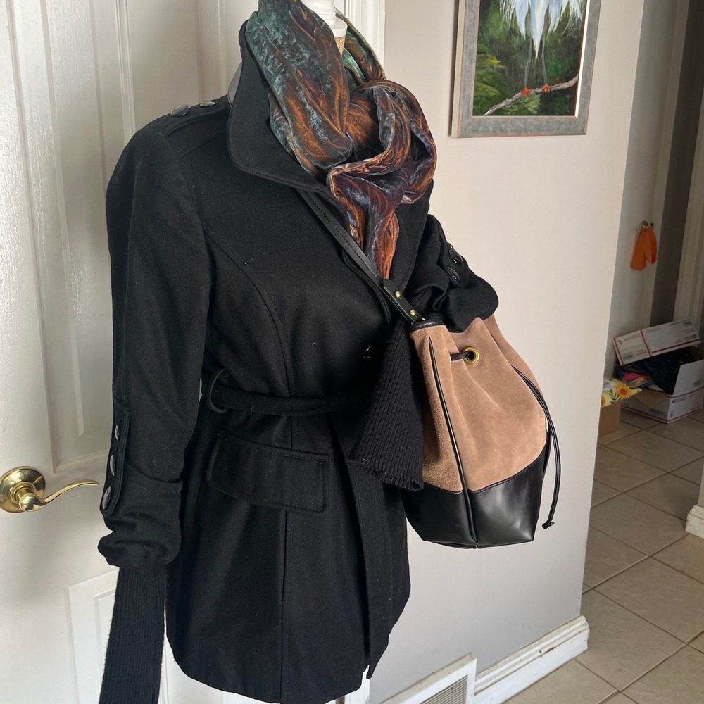 ZARA Brown Suede Bucket Bag Black Leather Trim Drawstring Crossbody Chic City - Picture 11 of 13